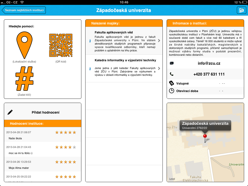 Klientská část Implementace klientské aplikace Obrázek 5.11: Rozložení grafických komponent pro zařízení ipad. Obrázek 5.12: Obrazovka instituce na zařízení ipad. 5.4.