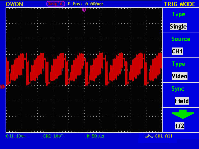 Obrázek 32. Tvar Vlny Synchronizace spouštění Video řádkem Střídavé (Alternativní) Spouštění Během střídavého spouštění je spouštěcí signál střídavě přepínán ze dvou vertikálních kanálů.