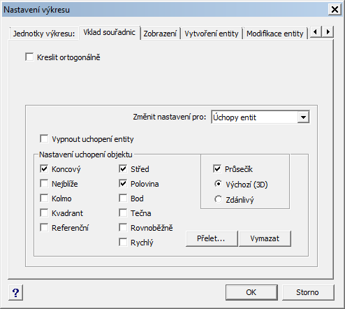 Manuál progecad Professional 2010 Do nastavení UCHOP se dostanete stejně jako např. v příkazu RASTR. Klikněte pravým tlačítkem myši v pravém dolním rohu obrazovky na UCHOP a vyberte Nastavení.