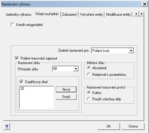 Manuál progecad Professional 2010 Základní úhel je nastavený na 90, ale můžete přidat libovolný jiný. Nastavení: klikněte pravým tlačítkem myši na POLÁR a vyberte nastavení.