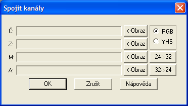 ZODOP 41 23. Spojit Dialog spojí 3 černobílé obrazy v 8-bitovém formátu do jednoho ve 24-bitovém RGB formátu. Z případných obrazů v indexových barvách uvaţuje pouze indexy.