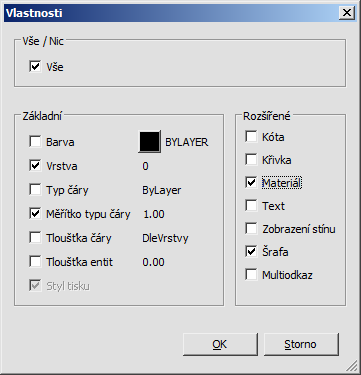 BricsCAD > Panel nástrojů Modifikovat Význam voleb Nastavení Volbou otevřete dialogové okno, ve kterém můžete nastavit, jaké vlastnosti se budou kopírovat ze zdrojové entity: Změnit měřítko Přepínač