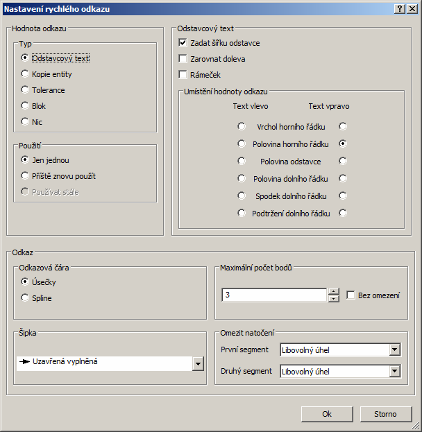 BricsCAD > Panel nástrojů Kóty Význam voleb Nastavení Volbou otevřete dialogové okno pro nastavení parametrů odkazu - viz popis níže v této kapitole.