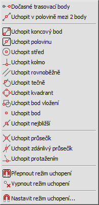 BricsCAD > Panel nástrojů Režim uchopení BricsCAD nabízí několik způsobů, jak nastavit požadovaný režim uchopení.