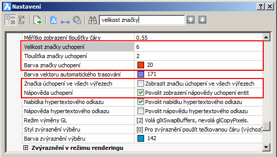 BricsCAD > Panel nástrojů Režim uchopení V dialogovém okně Nastavení můžete v sekci Možnosti programu > Zobrazení nastavit další parametry související s uchopováním entit (viz kapitola Nastavení