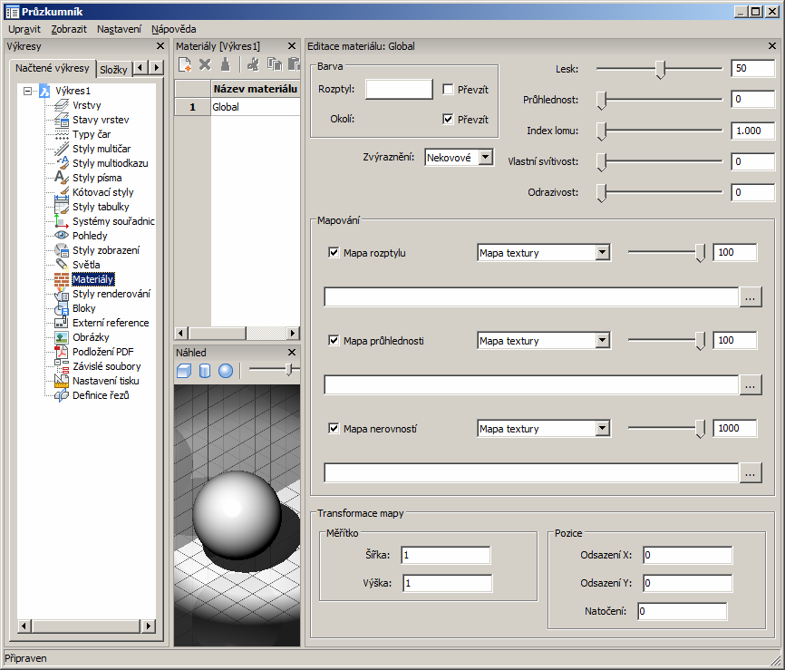 Materiály Rendering > Materiály Zobrazit > Rendering > Materiály MATERIÁLY (_MATERIALS) Nástroj je k dispozici pouze ve verzi BricsCAD Pro.