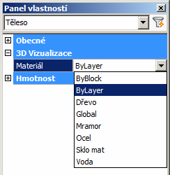 BricsCAD > Panel nástrojů Rendering Používání materiálů Připravený materiál můžete přiřadit vrstvě v průzkumníkovi vrstev.