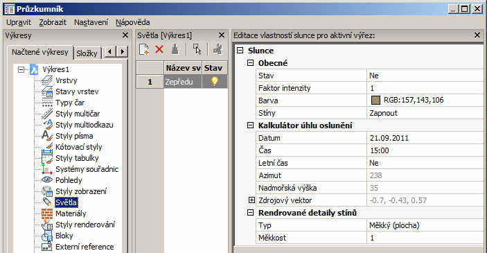 Sluneční světlo BricsCAD > Panel nástrojů Rendering Rendering > Světla > Vlastnosti slunce (vnořený panel Světla) Zobrazit > Rendering > Světla > Vlastnosti slunce VLASTSLUNCE (_SUNPROPERTIES)