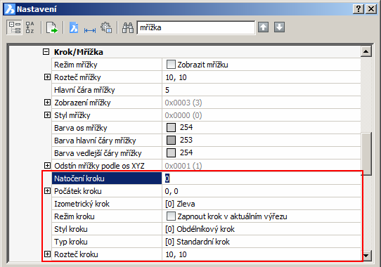 BricsCAD > Panel nástrojů Nastavení Zadávání souřadnic > Krok/Mřížka (hledejte text Krok).