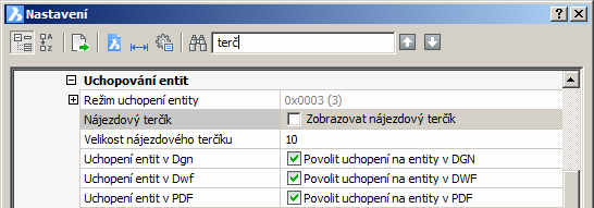 BricsCAD > Panel nástrojů Nastavení Zdánlivý průsečík Uchopit zdánlivý průsečík Průsečík v protažení Uchopit protažením Vypnout uchopování entit Vypnout režim uchopení Nastavit režim uchopení Od bodu