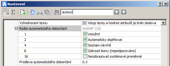 BricsCAD > Panel nástrojů Nastavení 3 Zobrazit seznam návrhů? [Ano / Ne] <Ano>: 4 Zahrnout do návrhů systémové proměnné? [Ano / Ne] <Ano>: 5 Zadejte prodlevu v sekundách <0.