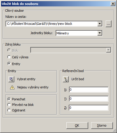 BricsCAD > Panel nástrojů Nástroje Po spuštění příkazu se otevře dialogové okno Uložit blok do souboru: Většina položek dialogového okna je popsána v kapitole Vytvořit blok.