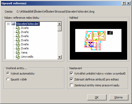 Panel nástrojů Upravit referenci BricsCAD > Panel nástrojů Upravit referenci Upravit referenci Přidat entity do pracovní sady Vyjmout entity z pracovní sad Stornovat změny a ukončit nástroj Uložit