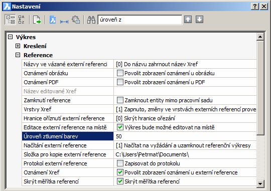 BricsCAD > Panel nástrojů Upravit referenci Úroveň ztmavnutí entit, které nejsou zařazeny do pracovní sady, řídí systémová proměnná XFADECTL: Otevřít externí referenci Nástroje > Editace externí