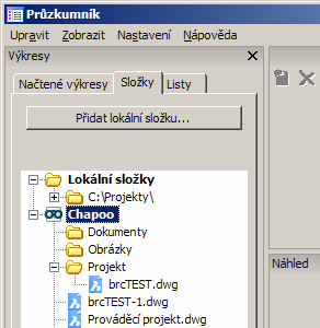 V průzkumníku se Chapoo zobrazuje nejprve jen jako ikona: BricsCAD > Panel nástrojů Standardní Poklepejte na ikonu, nebo na ní klepněte pravým tlačítkem myši a z místní nabídky zvolte položku