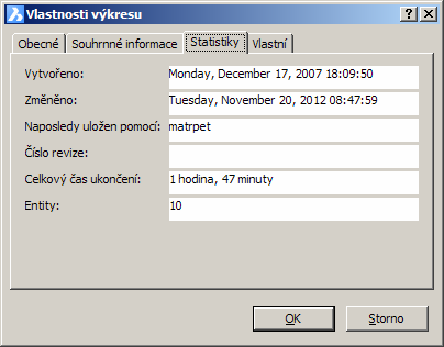 Vlastnosti výkresu Soubor > Vlastnosti výkresu VVLASTNOSTI (_DWGPROPS) BricsCAD > Panel nástrojů Standardní Nástrojem otevřete dialogové okno Vlastnosti výkresu, ve kterém můžete zobrazit, popř.