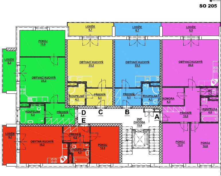 4NP A 3+kk 75,9 86,6 B 1+kk 32,4 41,3 C 1+kk 32,4 41,3 D 2+kk 48,4 55,9 E 2+kk 40,1 48,0 Předsíň, komora, wc, koupelna (vana), pokoj1, pokoj 2, obytná kuchyň + lodžie, sklep, garážové stání Předsíň,