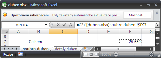 Přímý zápis odkazů (adres) je v tomto případě složitější, buňky na jiných listech raději vybíráme myší. V případě odkazů do jiných sešitů musí být cílový sešit otevřený.