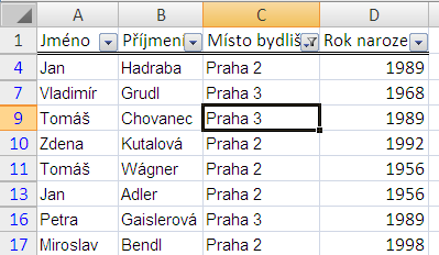 V dolní části rozbalené nabídky je seznam hodnot vybraného pole, každou hodnotu tohoto sloupce tady najdeme jen jednou. U každé hodnoty ve výčtu je zaškrtávací políčko.