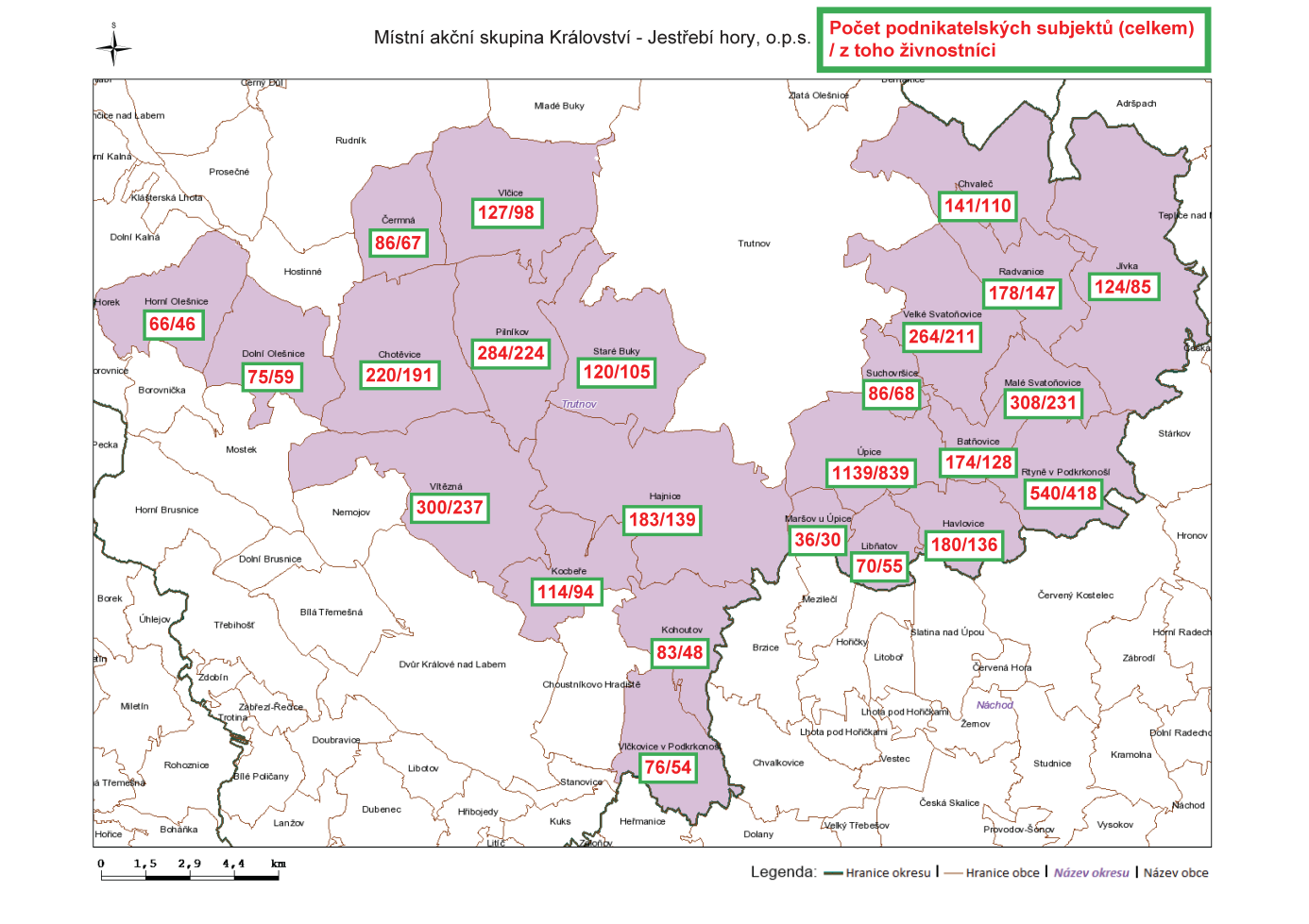 Mapa č. 3 Počet podnikatelských subjektů na území MAS (z toho živnostníci) 16 Zdroj: Databáze MAS (eagri) - doplněno Trh práce Dle údajů za okres Trutnov, na jehož území se MAS KJH, o.p.s. nachází, je patrná rostoucí míra nezaměstnanosti od r.