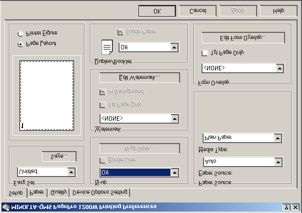 Práce s ovladačem tiskárny 4 Windows 2000- V nabídce Soubor vyberte příkaz Předvolby tiskárny. Zobrazí se následující okno. Windows NT 4.