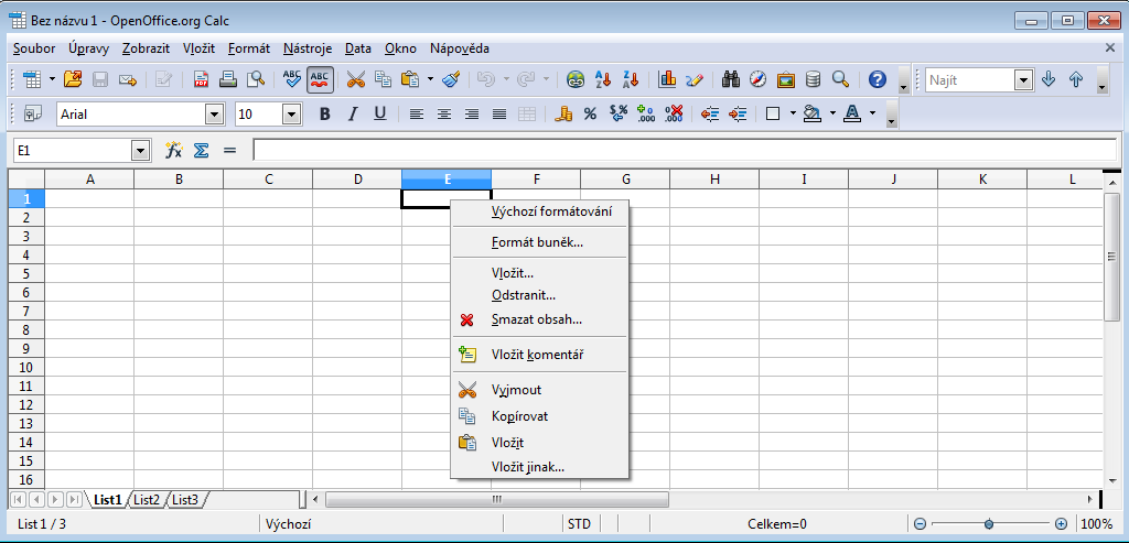 Základy kancelářského balíku OpenOffice.org Obrázek 116 Hlavní okno programu OpenOffice.org Calc Hlavní okno tabulkového kalkulátoru Calc se při srovnání s programem Excel 2003 opět příliš neliší.