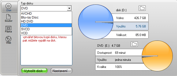 5.3.2. Export videa vytvoření výsledného filmu 1. Výstup na disková média Aplikace můţe vypálit disky s videem ve formátu VideoCD, Super VideoCD, DVD, HD DVD.