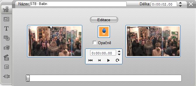 Přechod můţeme editovat klikneme-li na přechod v časové ose, objeví se editační okno. Lze nastavit název, změnit délku přechodu.