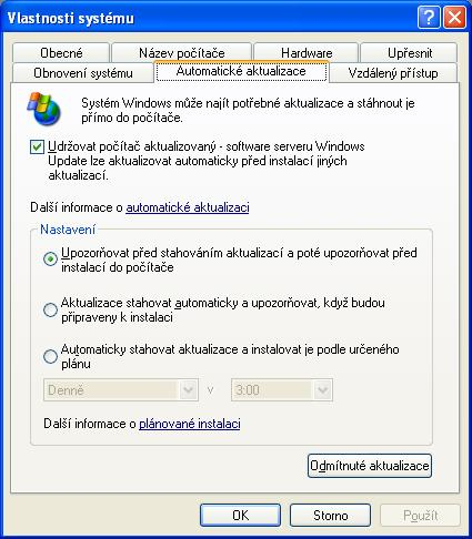 Obrázek 3: Povolení funkce Automatické aktualizace v systému Windows XP Professional Další informace www.windowsupdate.com office.microsoft.