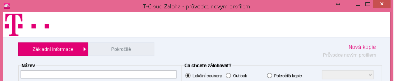 Obrazovka: Průvodce vytvořením projektu Podle zvoleného typu kopírování se změní vzhled karty Basic information (Základní informace) a některé pokročilé možnosti mohou být neaktivní.