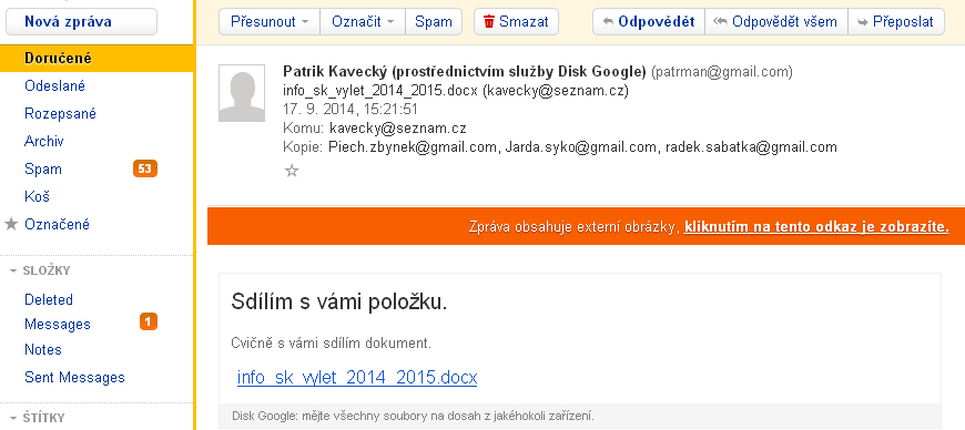 Odkaz z e-mailu V dialogu Sdílet s ostatními vyplňujete dva základní parametry: jaká práva budou mít lidé, s nimiž dokument(y) sdílíte (zda mohou dokument upravovat, komentovat, či pouze prohlížet),