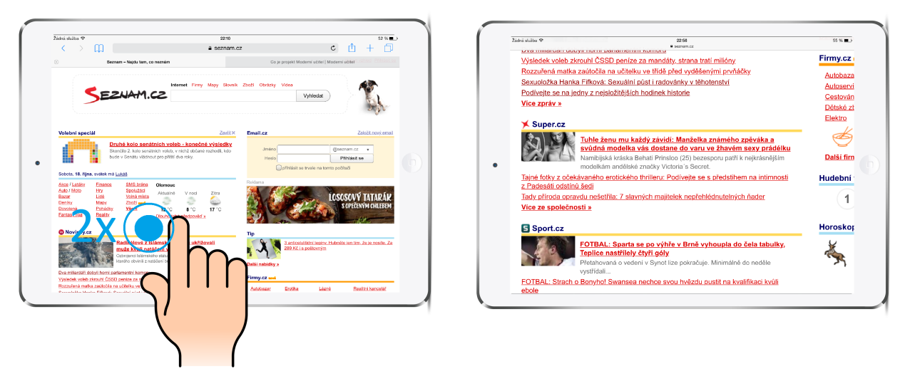 Použití dotykového zařízení ve výuce na základních a středních školách 16 Pro zvětšení obsahu internetové stránky položte na obrazovku dva prsty nejlépe palec a ukazováček (prsty jsou ve chvíli