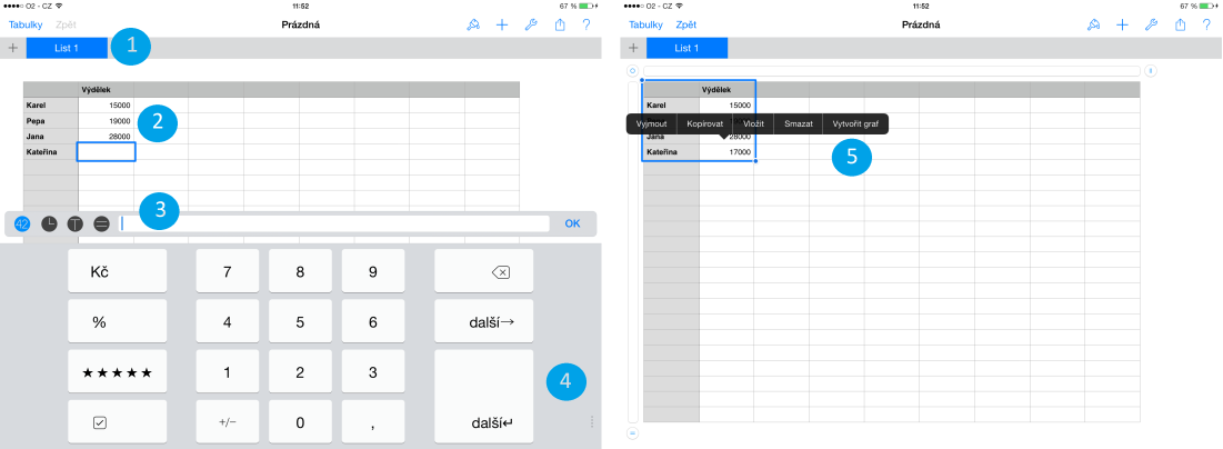 odešleme e-mailem kopii v potřebném formátu, poslední volba umožňuje otevření a uložení do jiné aplikace umožňující otevírat formát Numbers. Obrázek 77: Práce s tabulkou v aplikaci Numbers.
