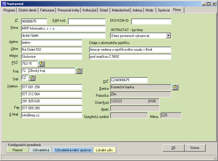 Nastavení 29 Záložka Firma Na záložce Firma vyplňte vstupní formulář identifikačních údajů firmy. Obsah editačních polí je zřejmý z textů (případně nahlédněte do nápovědy).