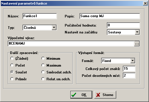 54 MRP K/S 6. Přidat můžeme funkci na součet některého sloupce (zde např. CenaMJ). Její tvar je v tomto případě jednoduchý.