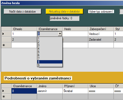 3 Návrh systému sledování výroby Strana 39 Při změně něktéré položky v tabulce se tlačítko Aktualizuj data v databázi změní na žlutou barvu, aby uživatel věděl, že došlo ke změně oproti datům