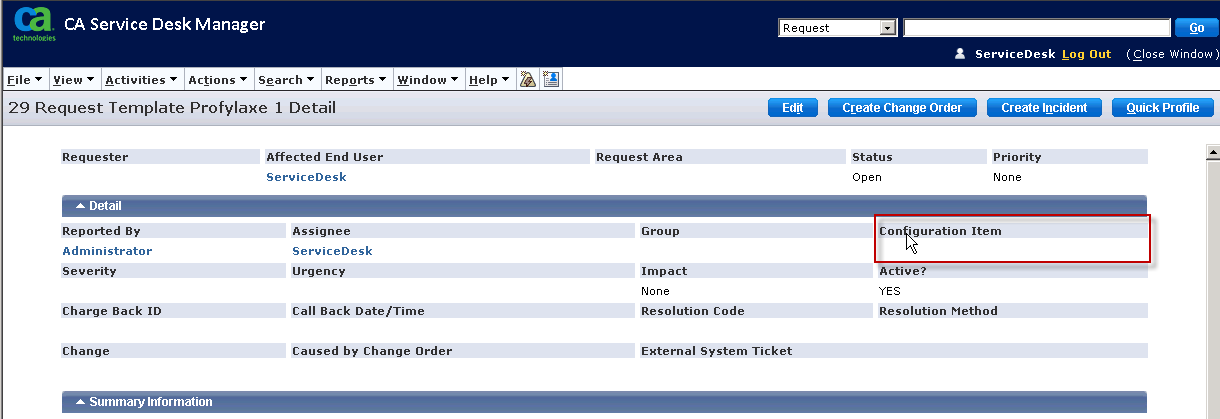 Obrazovky pro definici relace pro: Požadavek (Request) - pole Configuration Item v sekci Detail: Incident a