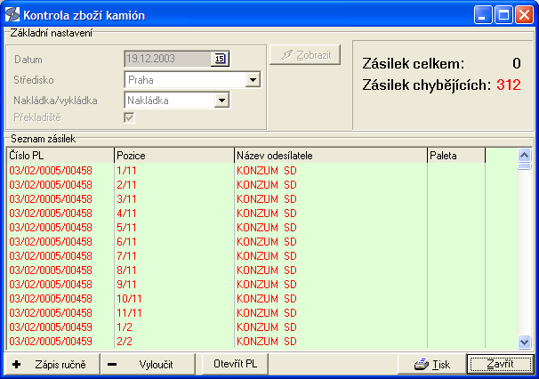 Základní okno je tvořeno seznamem jednotlivých kontrol zboží, přičemž o každé je uvedeno datum a název střediska. Seznam kontrol lze obvyklým způsobem filtrovat za určité období a středisko.