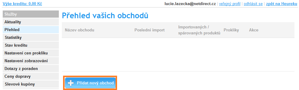 1.2 Přidání obchodu na Heureka.cz Po přihlášení na webovou stránku www.heureka.cz vyberete na svém účtu sekci Správa e- shopů. Klikněte na Přidat nový obchod.