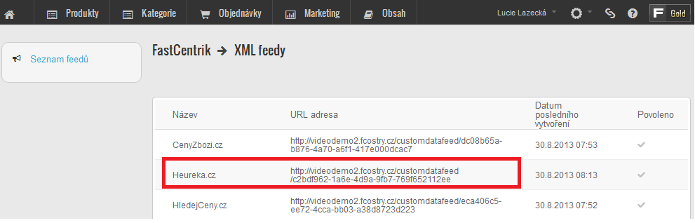 Položku potřebnou pro vyplnění URL adresy XML importu