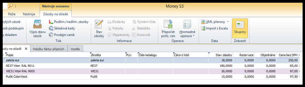 Obr. 22: Zásoby na skladě (Zdroj: Vlastní zpracování autora) Při vyskladnění materiálu se jednoduše vytvoří výdejka materiálu, která opět obsahuje všechny potřebné informace, včetně odběratele, pro