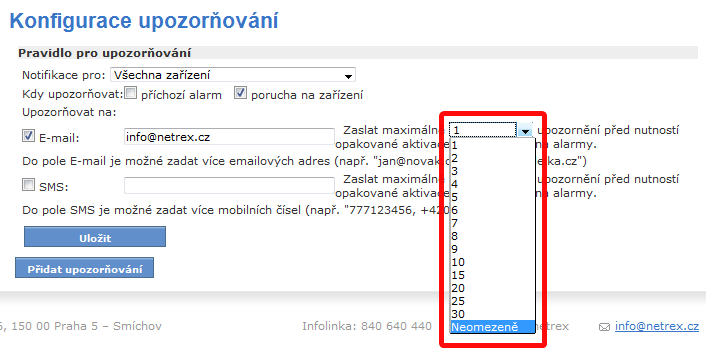 Volba způsobu upozornění Zaškrtnutím políčka E-Mail nebo SMS zvolíte způsob upozornění na danou událost. Je možné využít jeden i oba způsoby zároveň.