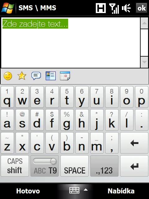 122 Zasílání zpráv Přidání textu do zprávy MMS Po klepnutí na možnost Vložit text sem ve zprávě MMS se zobrazí prázdná obrazovka, kam lze zadat text.