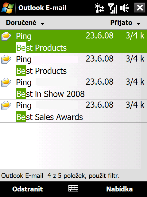 132 Zasílání zpráv Pokud například klepnete na písmeno B a potom na písmeno E, budou v seznamu uvedeny jen e-maily obsahující jména odesílatelů a předměty, které začínají na BE.