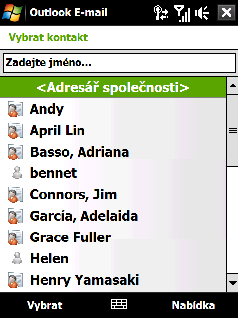 146 Práce s e-maily společnosti a událostmi schůzek Chcete-li zobrazit kontaktní informace účastníka, klepněte na jeho jméno.