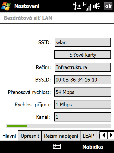 152 Internet Kontrola stavu bezdrátového připojení Stav bezdrátového připojení lze zkontrolovat na některé z následujících obrazovek zařízení: Záhlaví.