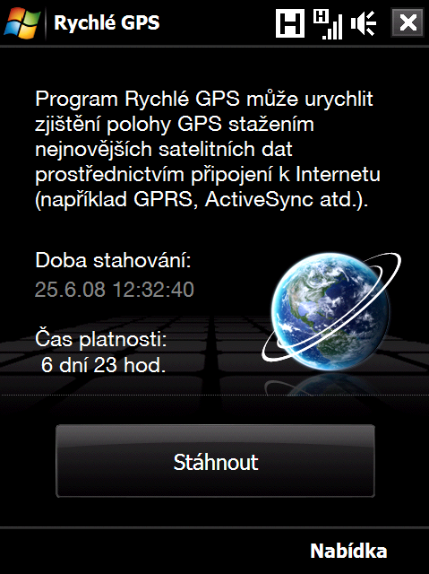 196 Navigace na silnici Stažení dat Klepněte na tlačítko Stáhnout na obrazovce programu Rychlé GPS. Na obrazovce se nejprve zobrazí Čas platnosti stažených dat 3 dny.