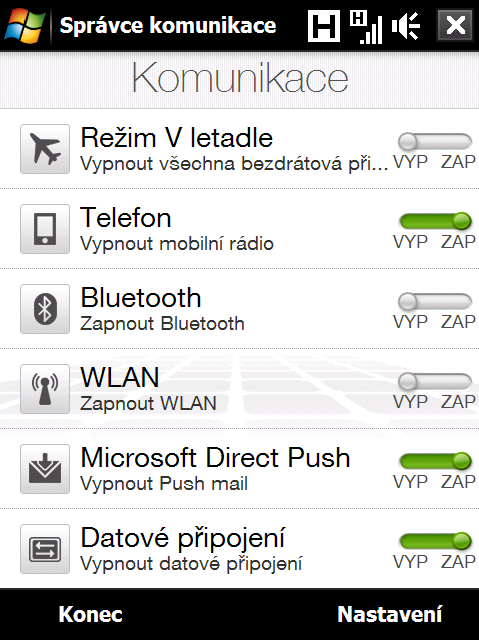 Programy 245 1 2 3 4 5 6 1 Zapněte nebo vypněte Režim Letadlo. Zapnutím režimu Letadlo se vypne telefon, funkce Wi-Fi a Bluetooth.