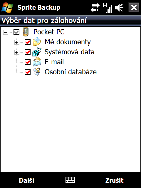 Programy 257 2. Na hlavní obrazovce aplikace Sprite Backup klepněte na položku Zálohovat. 3. Na kartě Výběr zálohovaných dat uvidíte stromovou strukturu dat a souborů v zařízení.