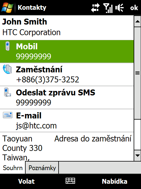 266 Programy 5. Klepněte na položku Exportovat, pak přejděte na seznam Kontakty a zobrazte exportovaný kontakt. Další informace o použití programu WorldCard Mobile naleznete v nápovědě v zařízení. 12.